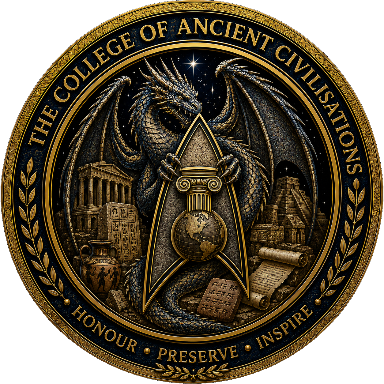 The College of Ancient Civilisations seal — motto: Honour · Preserve · Inspire