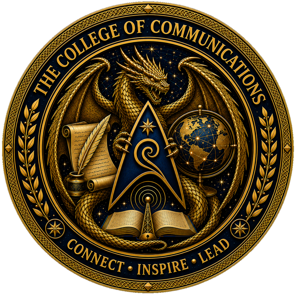 The College of Communications seal — motto: Connect · Inspire · Lead