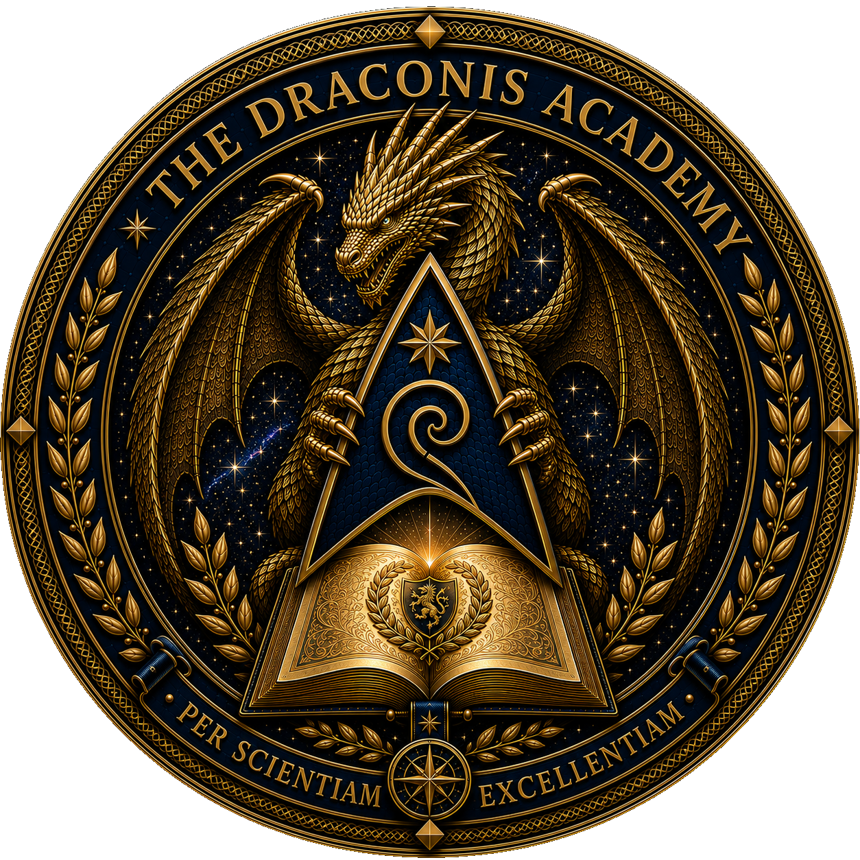 The Great Seal of The Draconis Academy — featuring a gold dragon, open book and the motto Per Scientiam Excellentiam