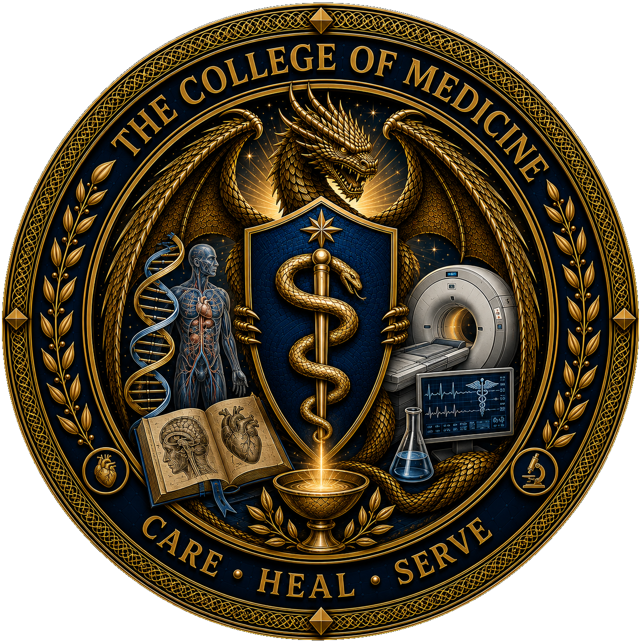 The College of Medicine seal — motto: Care · Heal · Serve