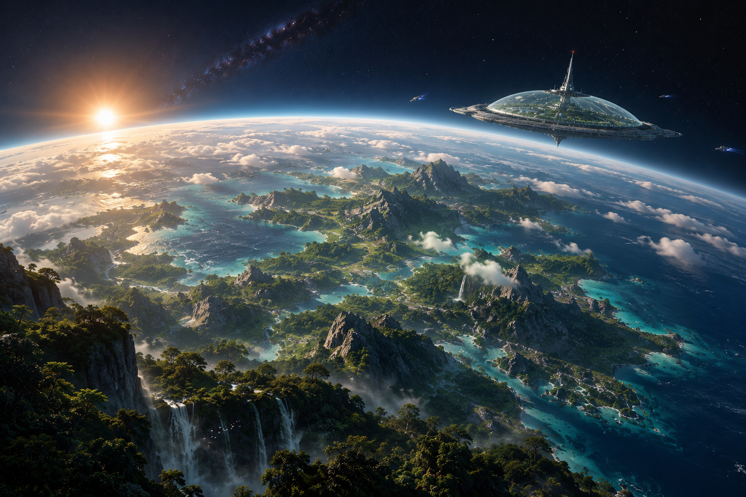 Draconis Prime — an extraordinary world seen from orbit, with sweeping continents and restored natural landscapes.